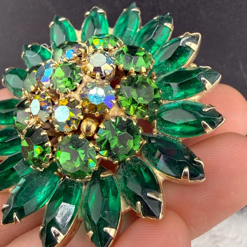 Vintage Rhinestone Brooch Green Aurora Borealis Large Dome